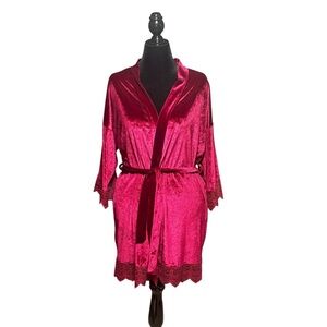 Wine Colored Crushed Velvet Kimono Robe Lace Trim